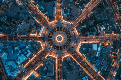 航拍中国新疆伊犁特克斯八卦城夜景