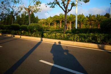 夕阳下两个情侣骑着电瓶车人的影子在马路上