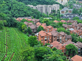 航拍杭州西穆坞村西湖龙井茶园与居民区