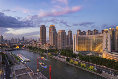 天津海河沿岸城市建筑日落晚霞风光航拍