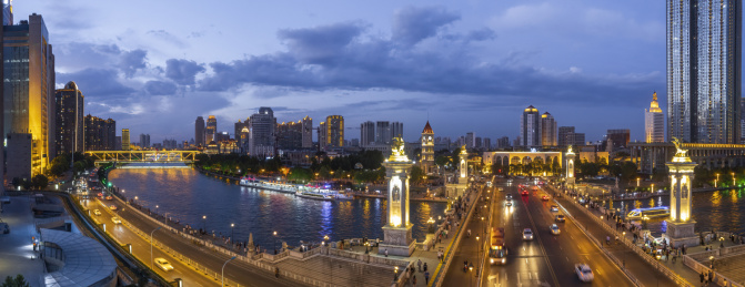 夜晚天津海河沿岸金融中心城市建筑风光全景