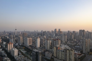 成都市区天际线日落