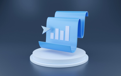 印有柱状图表的蓝色弯曲的纸质金融报告图