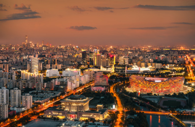 中国北京奥体中心落日风光