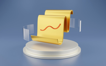 圆台上环绕透明玻璃的金色弯曲的纸张账单