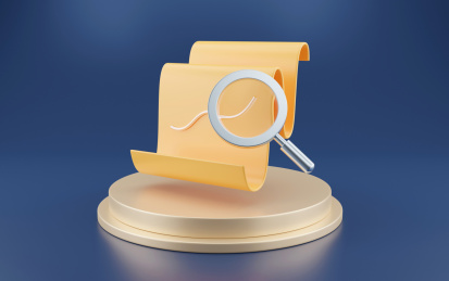 圆台上金色弯曲的纸张账单与放大镜组合