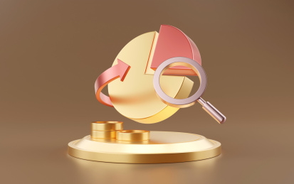 金色圆形台子上的立体金红色饼图与放大镜