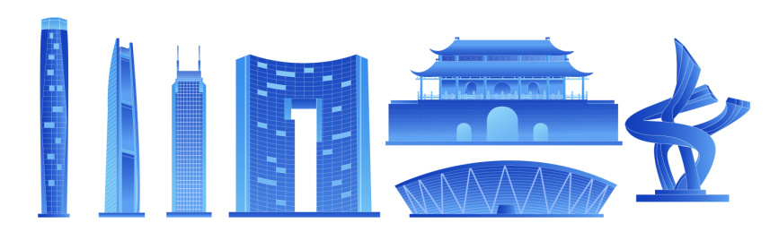 东莞蓝色科技未来企业地标旅游矢量中秋插画
