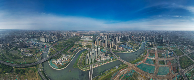 航拍晴天的成都高新区金融岛城市建筑风景