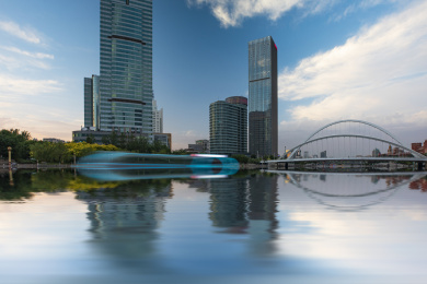 天津大沽桥海河沿岸城市建筑日落晚霞风光