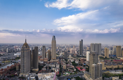 天津海河沿岸城市建筑日落晚霞航拍风光