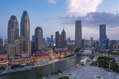 天津津湾广场海河沿岸城市建筑日落晚霞夜景
