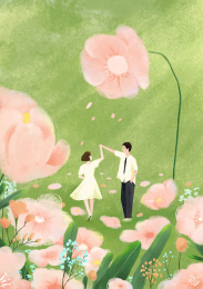 在花丛中跳舞的男孩和女孩