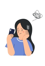 不高兴的托腮看手机思考发愁一团糟的女孩