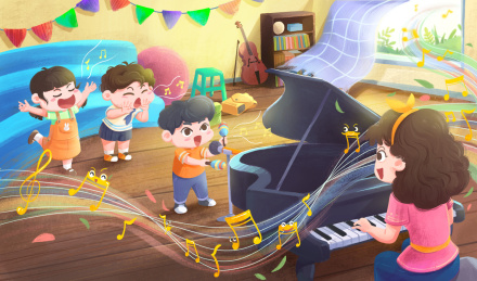 教室里老师给同学们上音乐课 孩子们在下面