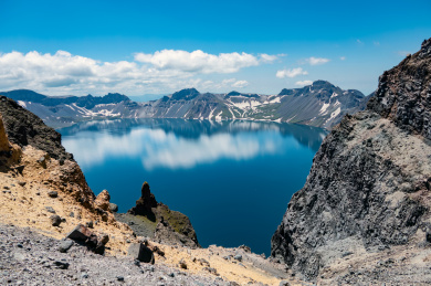 蓝天白云下长白山天池风光