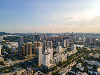 中国广州萝岗香雪商业建筑群城市天际线航拍
