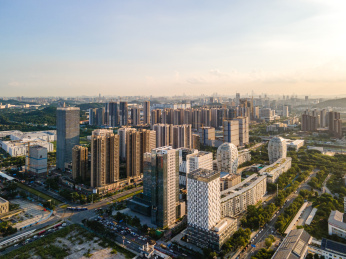 中国广州萝岗香雪商业建筑群城市天际线航拍