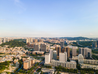 中国广州萝岗香雪商业建筑群城市天际线航拍