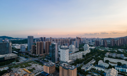 中国广州萝岗香雪商业建筑群城市天际线全景