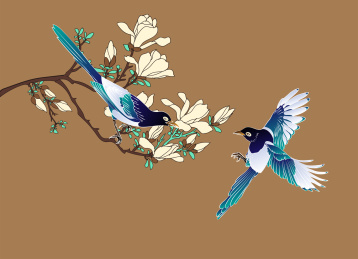 国潮七夕飞鸟喜鹊玉兰工笔白描矢量古风插画