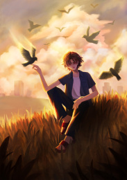 夕阳下的少年插画