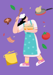 女孩拿着厨具准备做饭