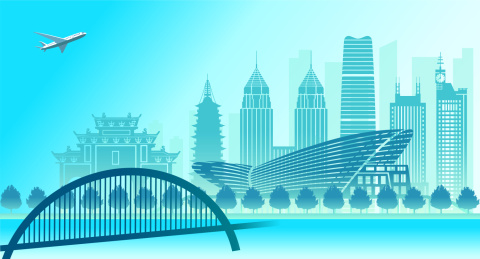 中国浙江省金华市城市天际线矢量插画