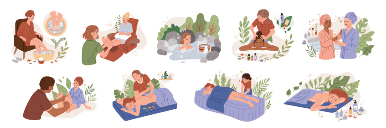 惬意爱自己日常插画集合 女人按摩与泡温泉