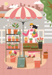 一个年轻的女人摆摊卖花拿着花盆