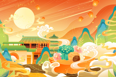 中秋节月饼古建筑矢量插画