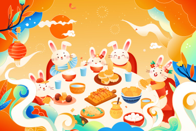中秋节兔子美食聚餐矢量插画
