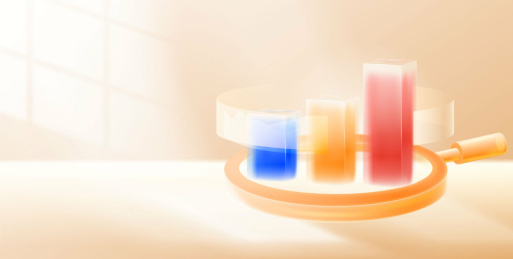 彩色柱状图和金色放大镜