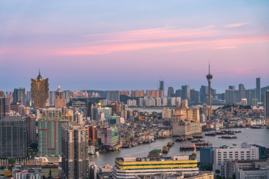 中国澳门天际线晚霞夜景