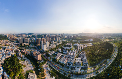 中国广州萝岗商业建筑群城市天际线全景
