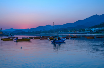 中国香港大埔大美督海港码头夕阳晚霞海景