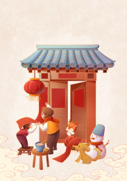 孩子和爸爸一起贴对联