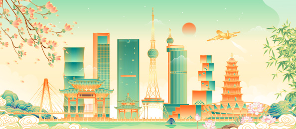 广东佛山城市地标建筑矢量插画