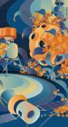 缠绕在桂花枝中的星球和太空基地新国风插画