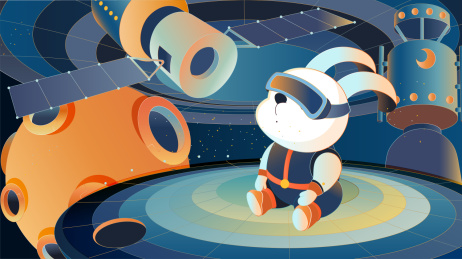 带VR眼镜观察太空宇宙飞船和月球的宇航兔