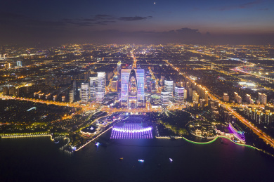 江苏苏州金鸡湖东方之门城市风光航拍夜景