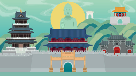 山东潍坊青州古城旅游地标插画