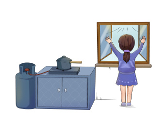 蓝紫色女生开窗通风燃气安全漫画元素