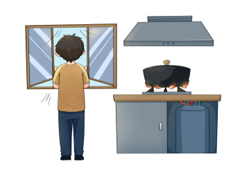 男生开窗通风煮锅燃气安全漫画元素