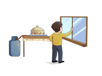 黄衣男生开窗通风燃气安全漫画元素