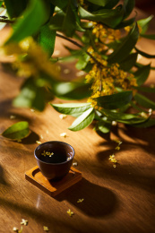 盛开的桂花和陶瓷酒杯中的烈酒