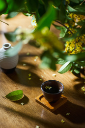 盛开的桂花和陶瓷酒杯中的烈酒