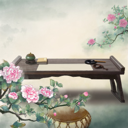 牡丹树下书法作画禅意图 