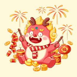 龙年插画新年快乐放烟花鞭炮 