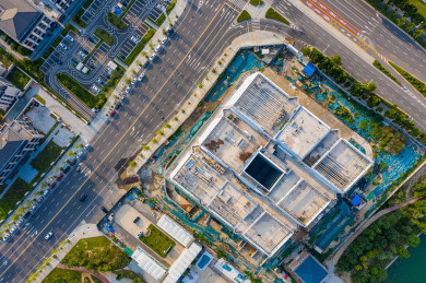 航拍河南卢森堡中心郑州郑东新区地标建筑物